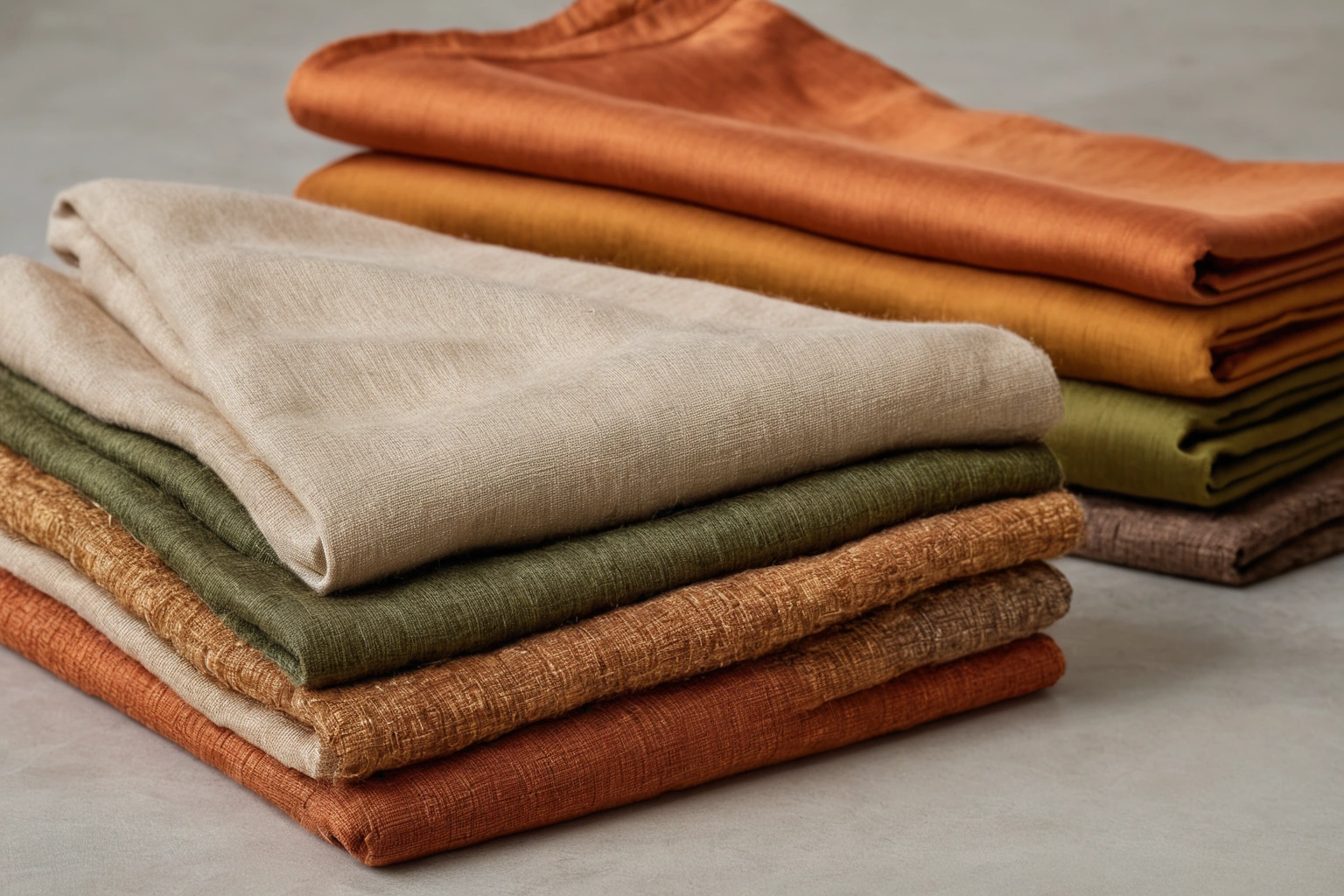 Folded stacks of Italian furnishing fabrics in jacquard, velvet and cotton-linen blends on a pale timber table