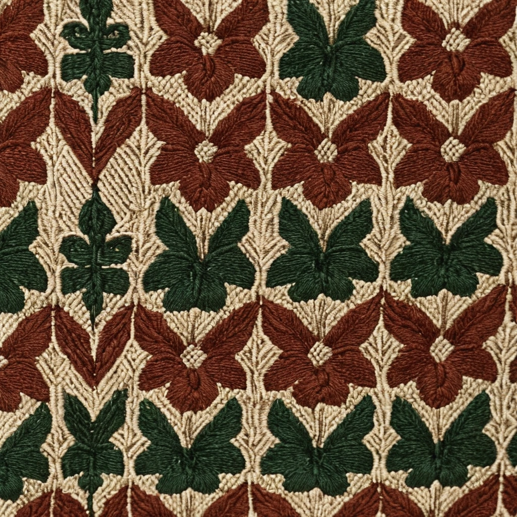 Macro view of a jacquard furnishing fabric weave with interlaced warp and weft yarns forming a damask motif