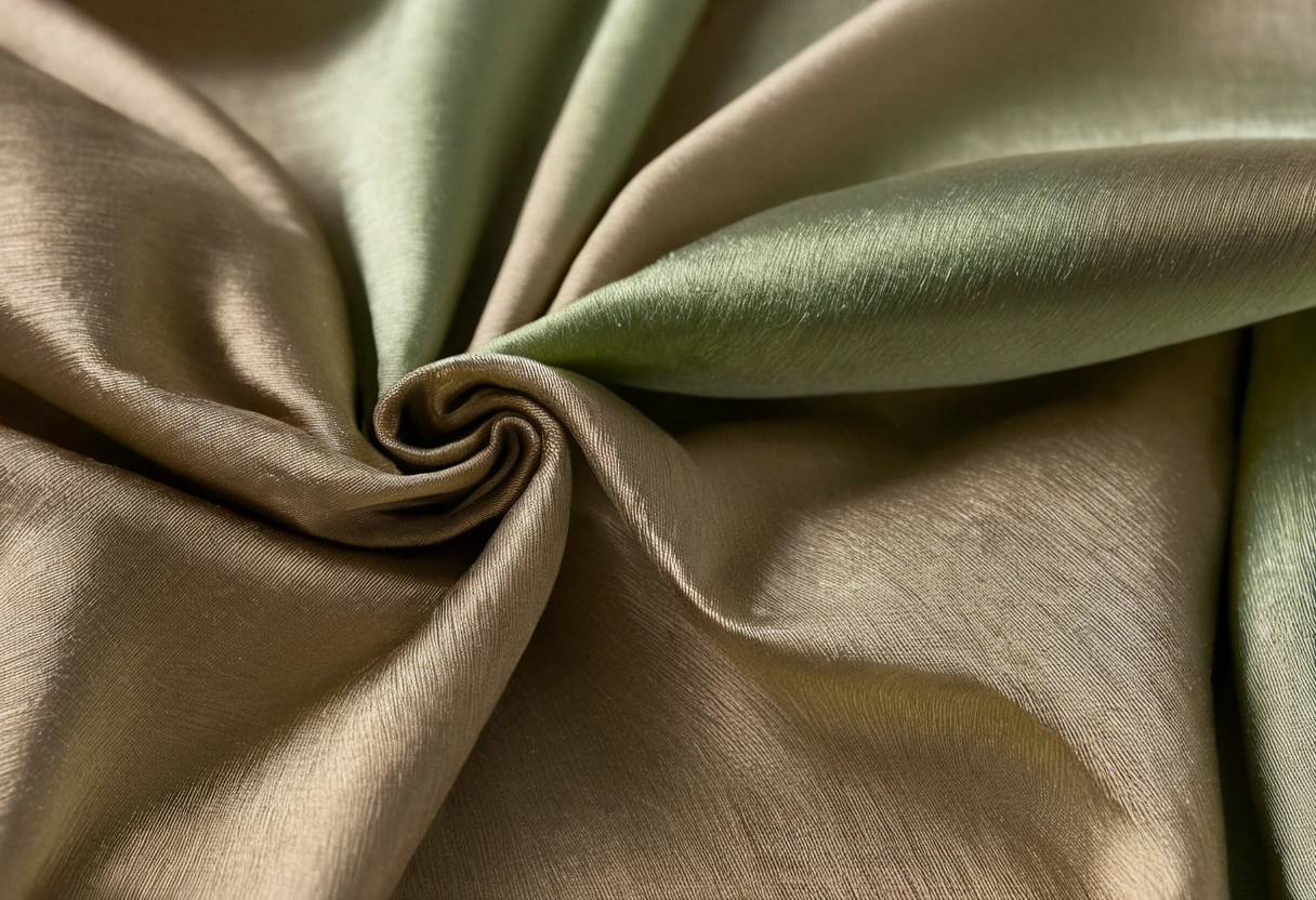 Draped Italian silk fabric with a lustrous sheen in champagne and pale gold tones