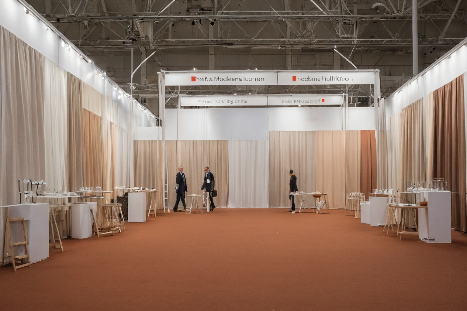 Unoccupied trade-fair stand interior with hanging furnishing fabric header panels and swatch displays