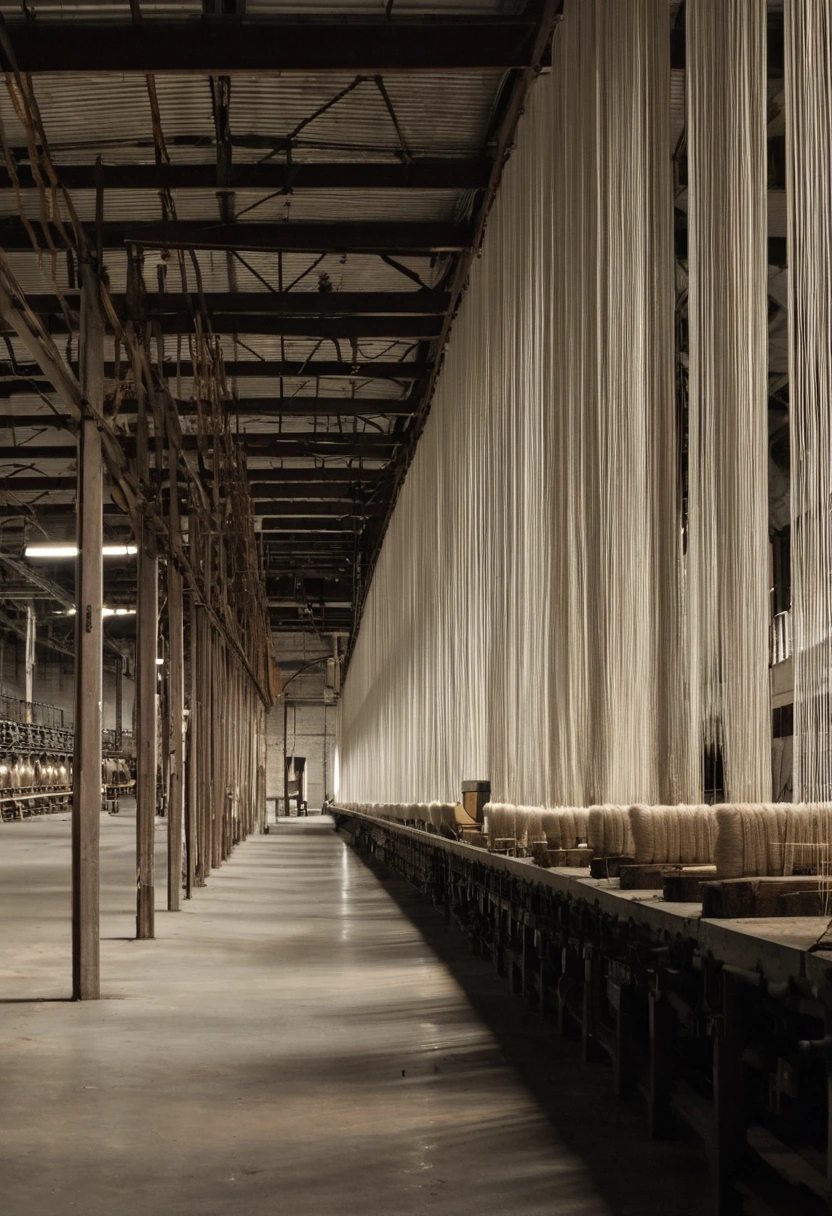 Rows of steel warp beams loaded with pale yarn in the aisle of a weaving mill interior
