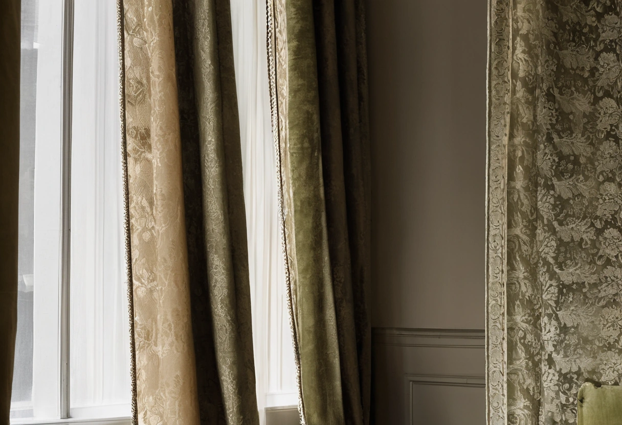 Showroom rail of hanging fabric headers with sheer curtains beside dense jacquard upholstery swatches